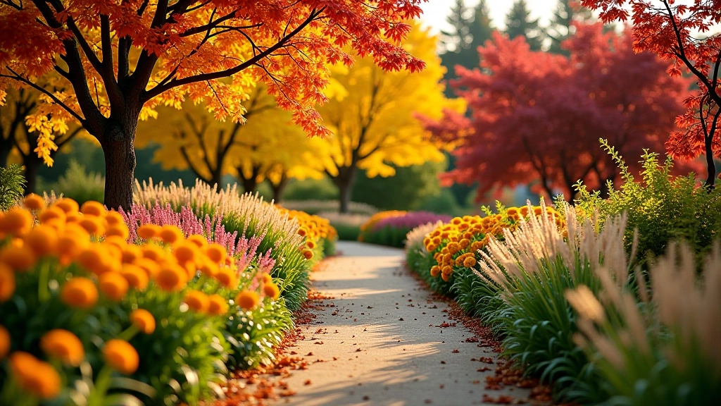 Autumn garden scene with golden and red tree foliage, colorful chrysanthemums and dahlias in the foreground, and garden paths lined with seasonal plants