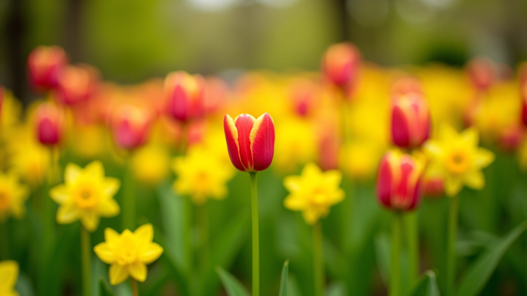 Seasonal spring flowers in bloom including tulips and daffodils in a botanical garden bed