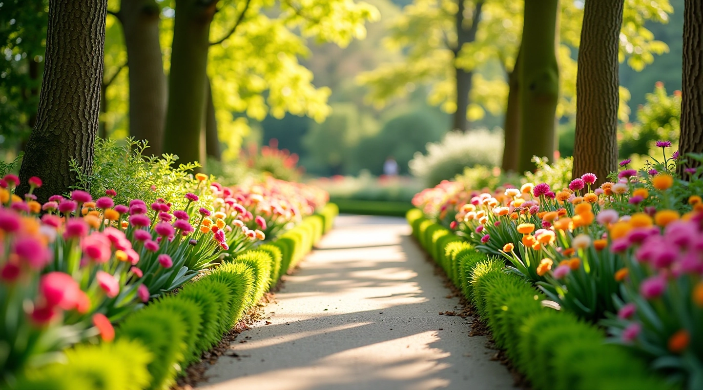 Winding garden pathway lined with vibrant flower beds in spring sunlight
