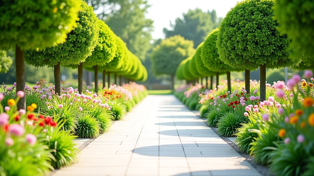 Wide accessible pathway through botanical garden with smooth paving and clear wayfinding markers
