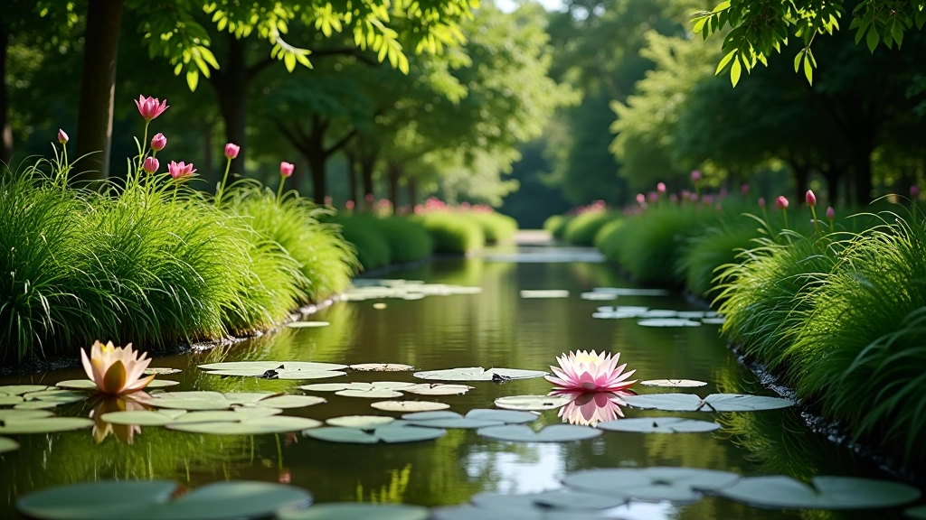Garden pond with water lilies surrounded by flowering plants and shade trees
