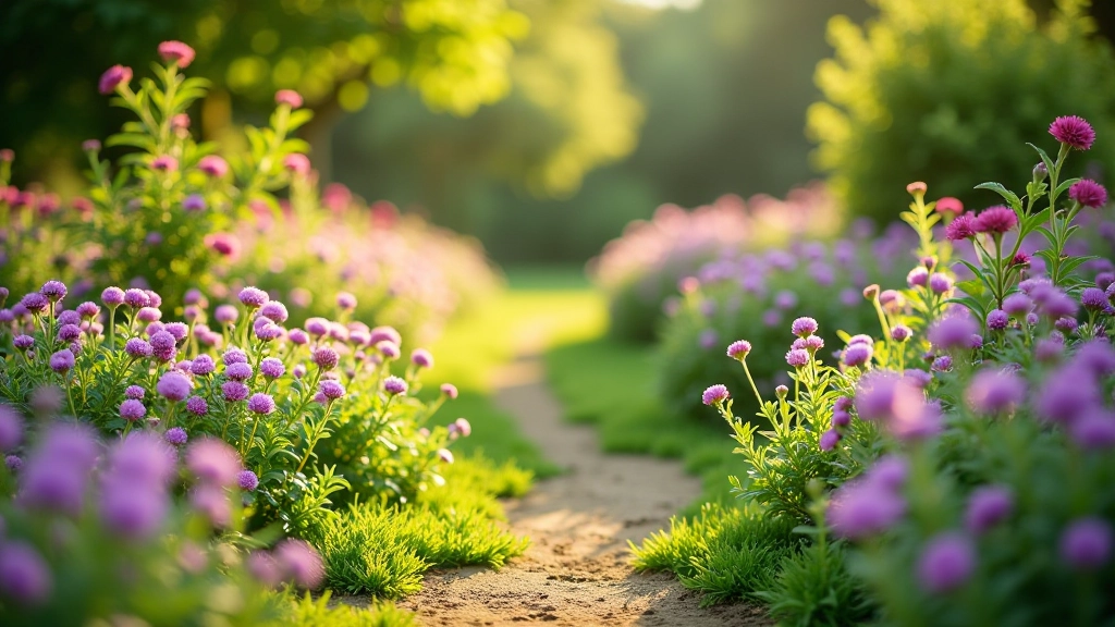 Cottage garden with mixed flowering plants, informal design with purple and pink flowers, natural morning light