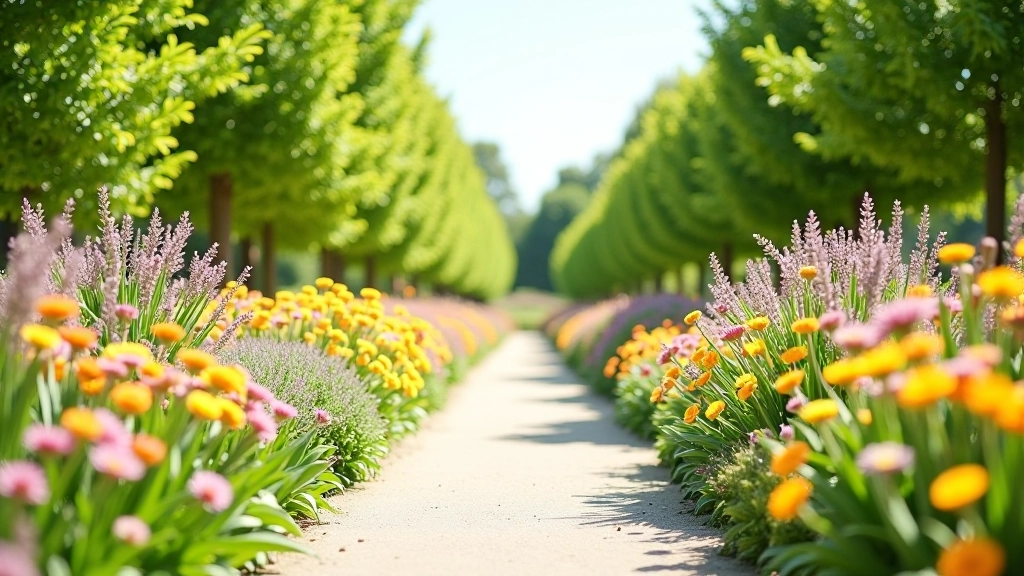 Garden pathway lined with seasonal flowering plants in different colors and stages of bloom