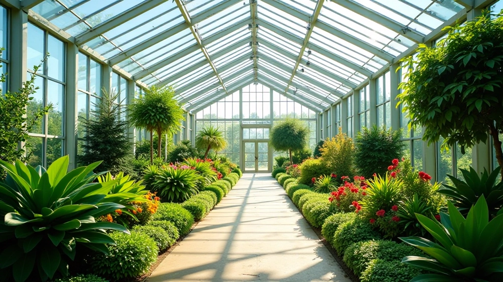 Architectural view of greenhouse glass panels creating geometric patterns with natural light filtering through creating shadows on interior pathways