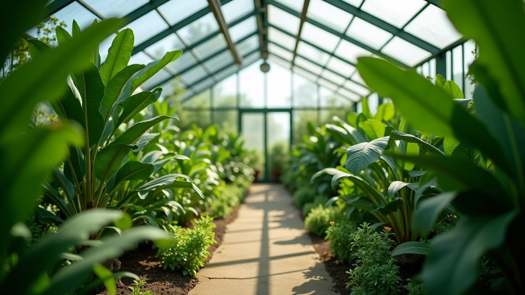 Interior greenhouse with tropical plants and natural light from glass ceiling