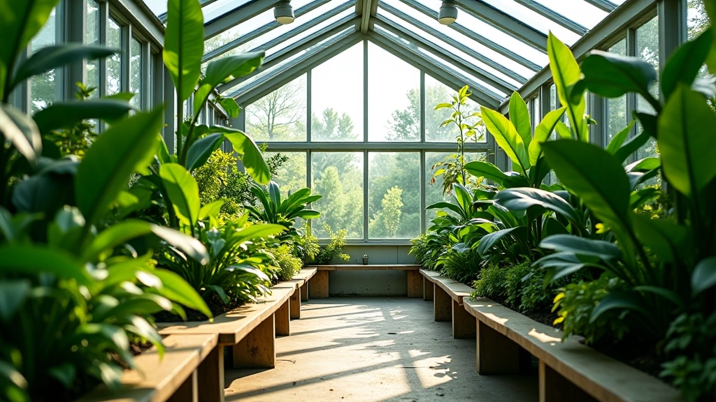 Interior of botanical garden greenhouse with humid tropical plants and glass ceiling allowing natural light