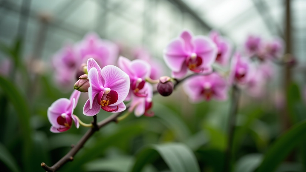 Vibrant orchid flowers blooming on branches inside a humid greenhouse with soft diffused lighting