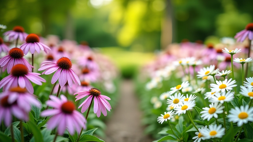 Botanical garden perennial beds with mixed flowering plants in purple, pink and white colors during summer bloom