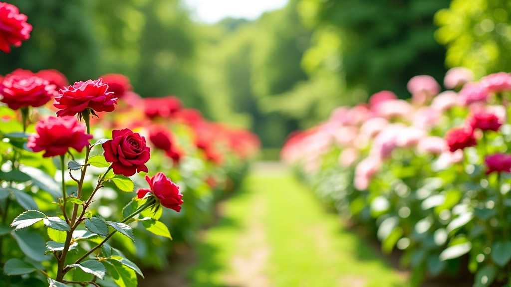 Lush summer garden with full rose bushes in various colors and dense green foliage throughout the garden paths
