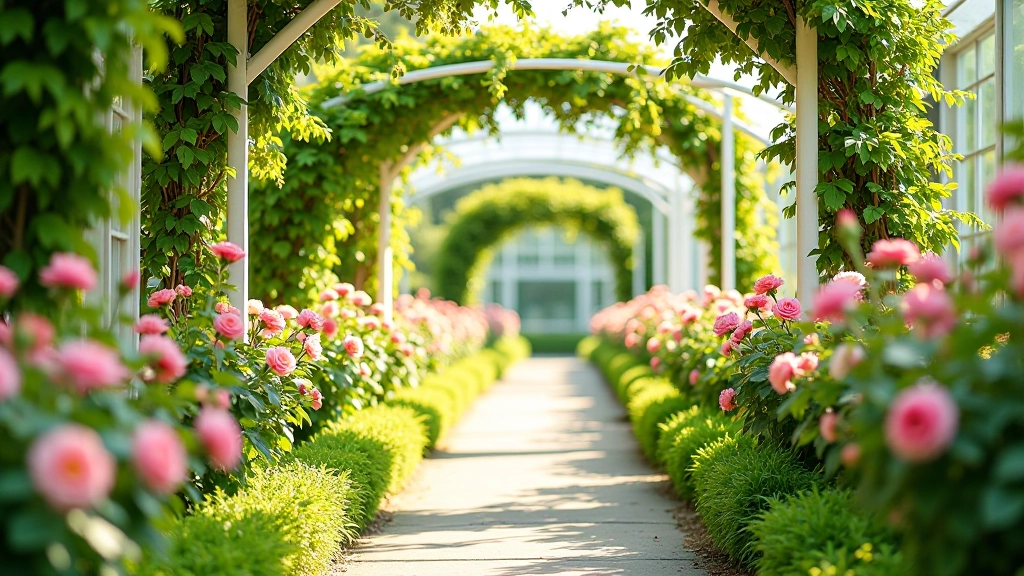 Rose garden pathway with climbing roses on decorative trellises creating natural archways and shaded areas for resting