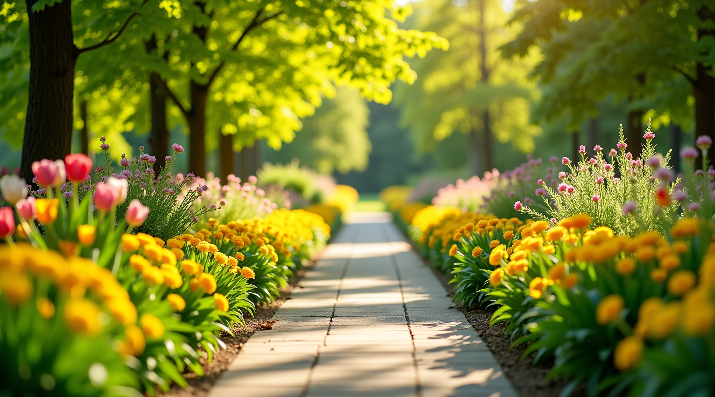 Winding garden pathway lined with vibrant flower beds and green plants in spring sunlight
