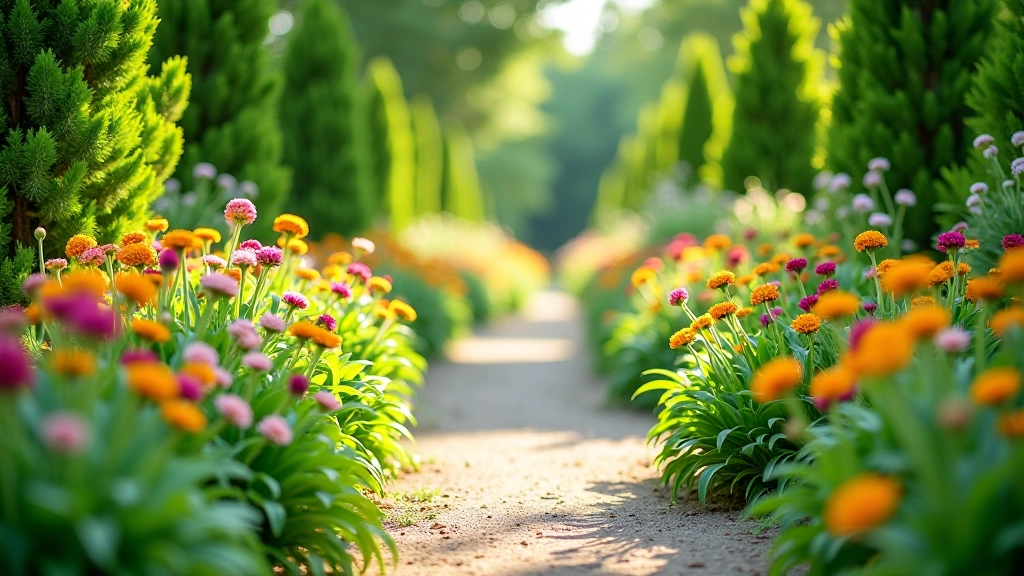 Botanical garden pathway with flowering plants