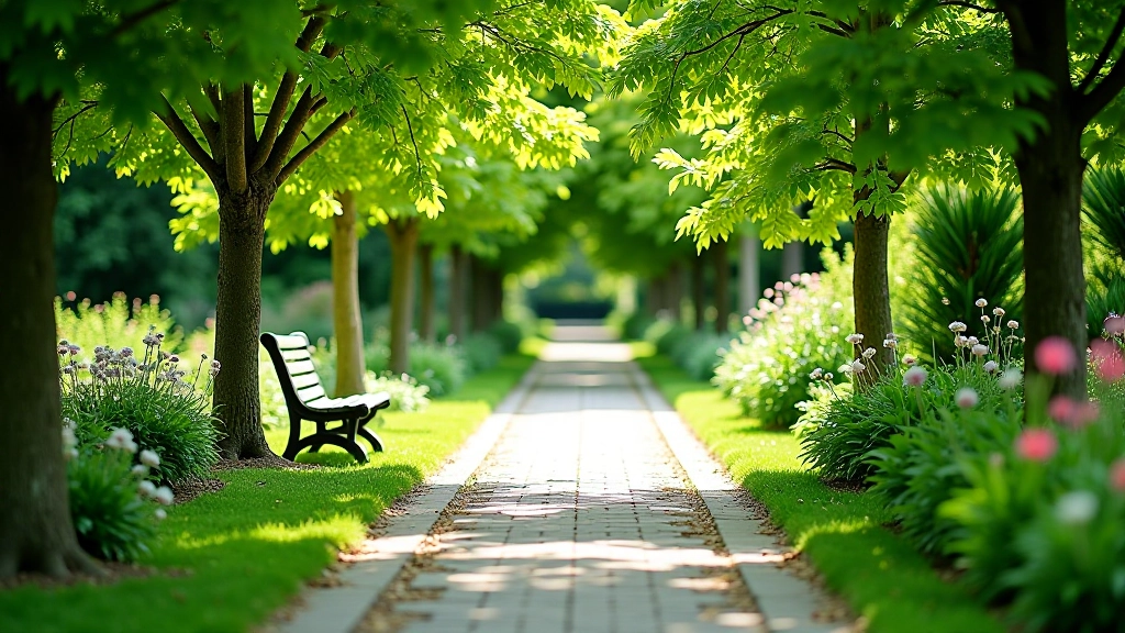 Shaded garden pathway with comfortable rest areas and accessible walkways