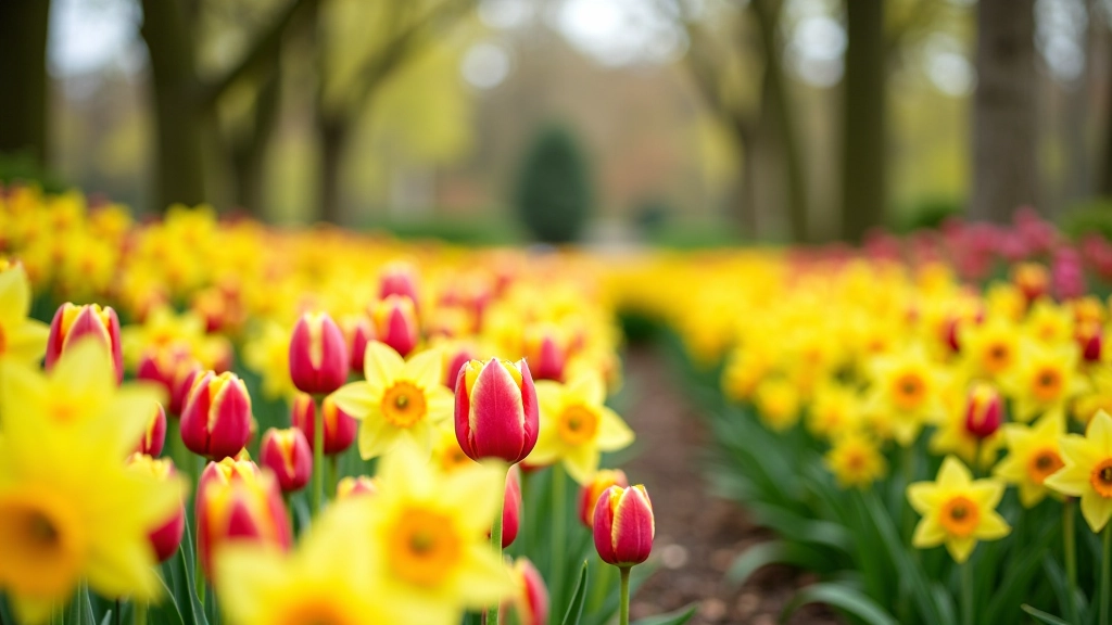 Seasonal spring flowers including colorful tulips in organized garden beds