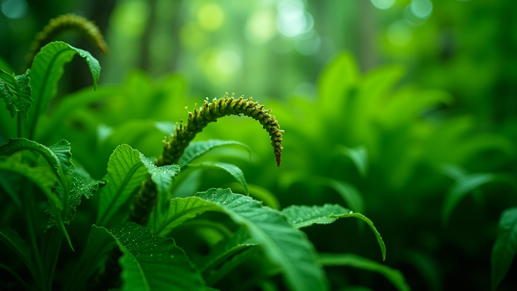 Dense tropical fern fronds unfurling in layered patterns with morning dew droplets creating a lush jungle atmosphere