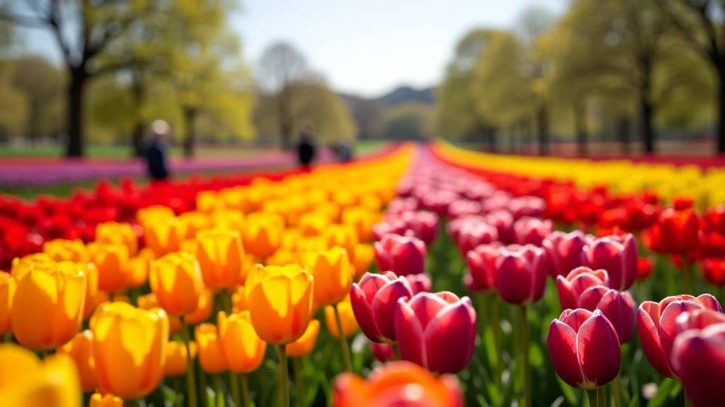 Vibrant spring tulip garden with rows of colorful red, yellow, and purple tulips in full bloom on a hillside