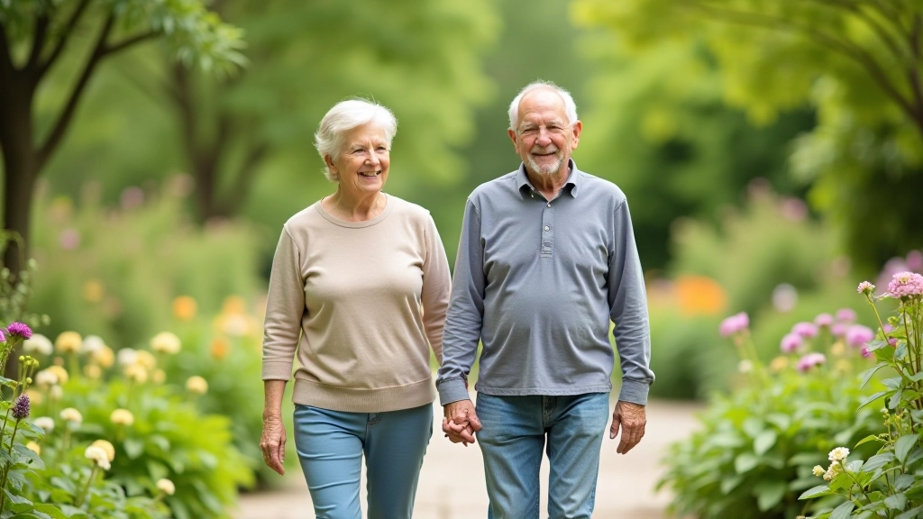 Peaceful retired visitors enjoying a leisurely walk through garden pathways