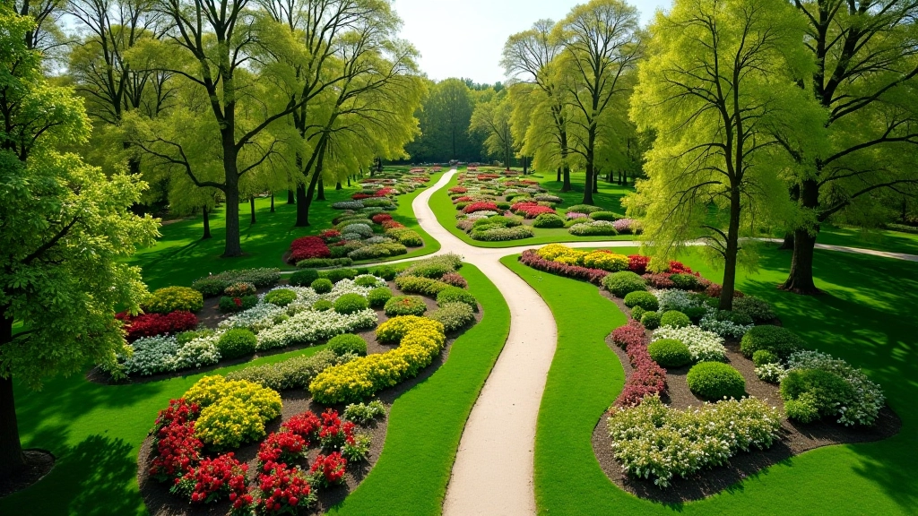 Expansive view of botanical garden with multiple flower beds and pathways