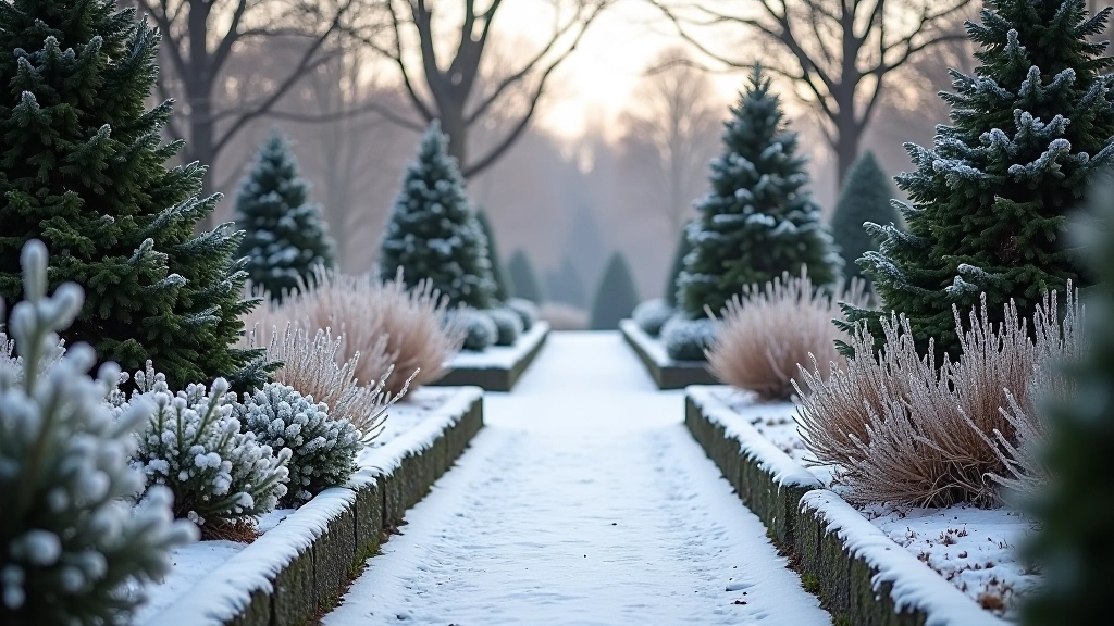Winter garden with evergreen plants and structural plantings visible through light snow, frost-covered branches, and bare deciduous trees