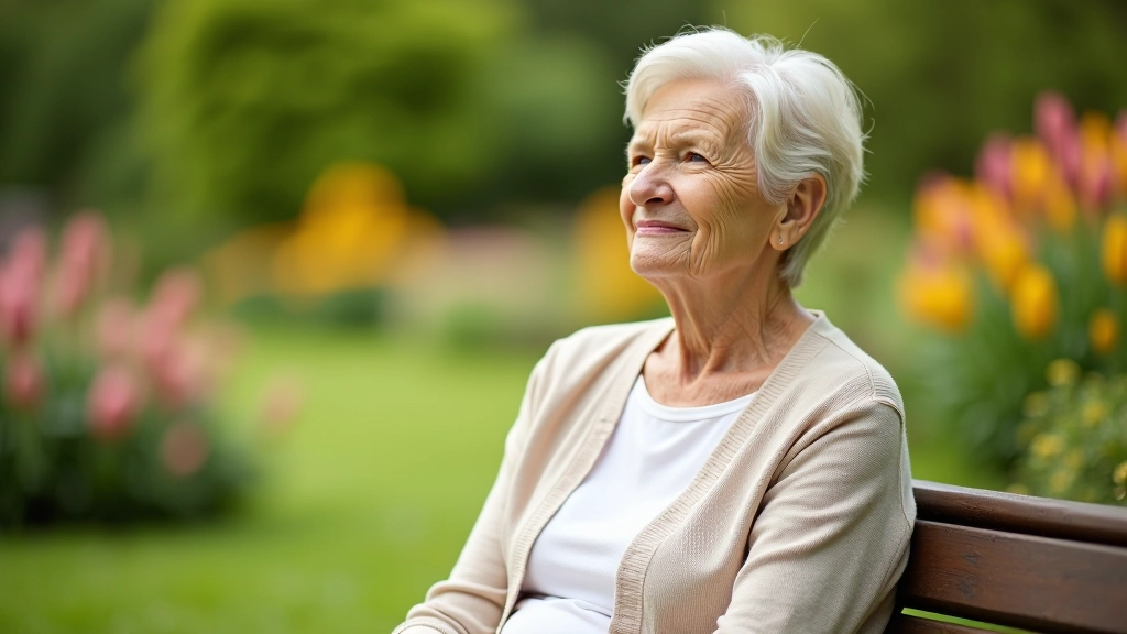Peaceful visitor resting on garden bench overlooking flowering landscape with tranquil expression
