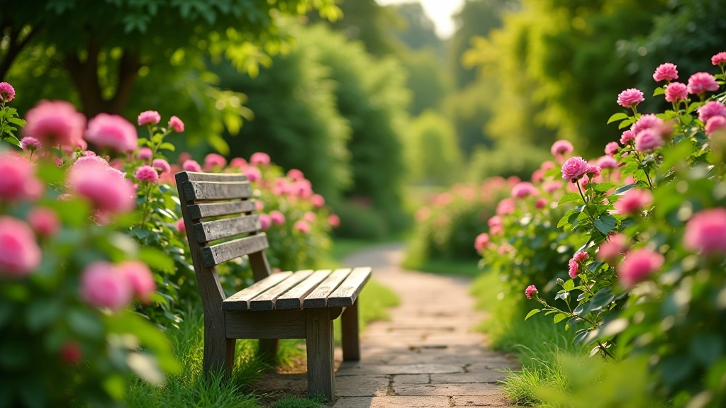 Peaceful garden bench surrounded by blooming roses and green foliage