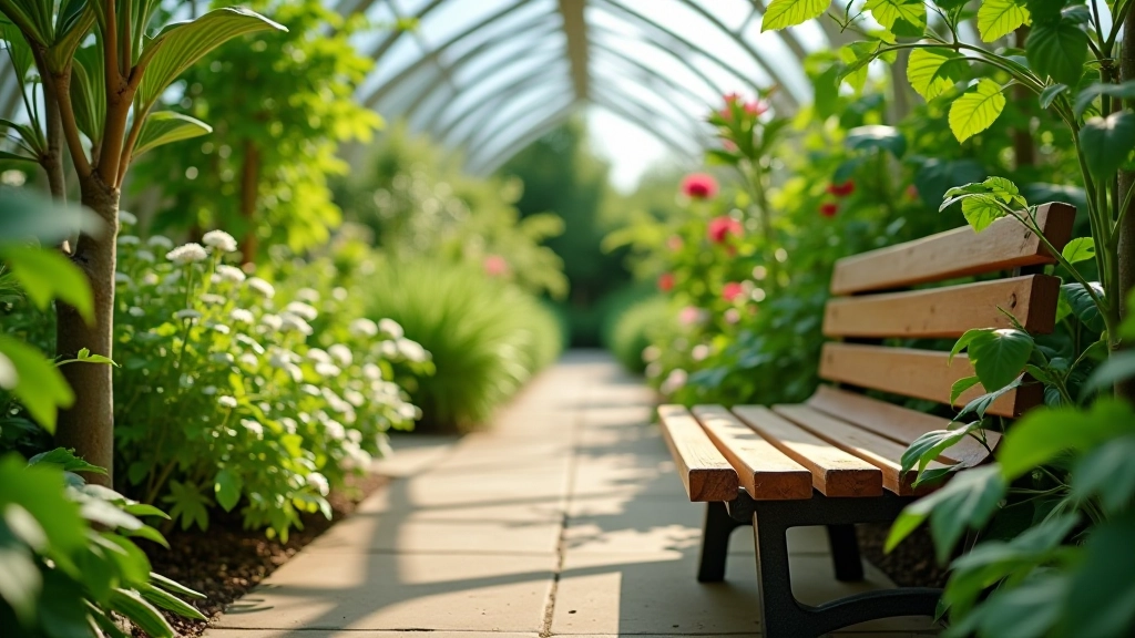 Comfortable wooden benches positioned along a peaceful greenhouse pathway with lush green plants visible in the background