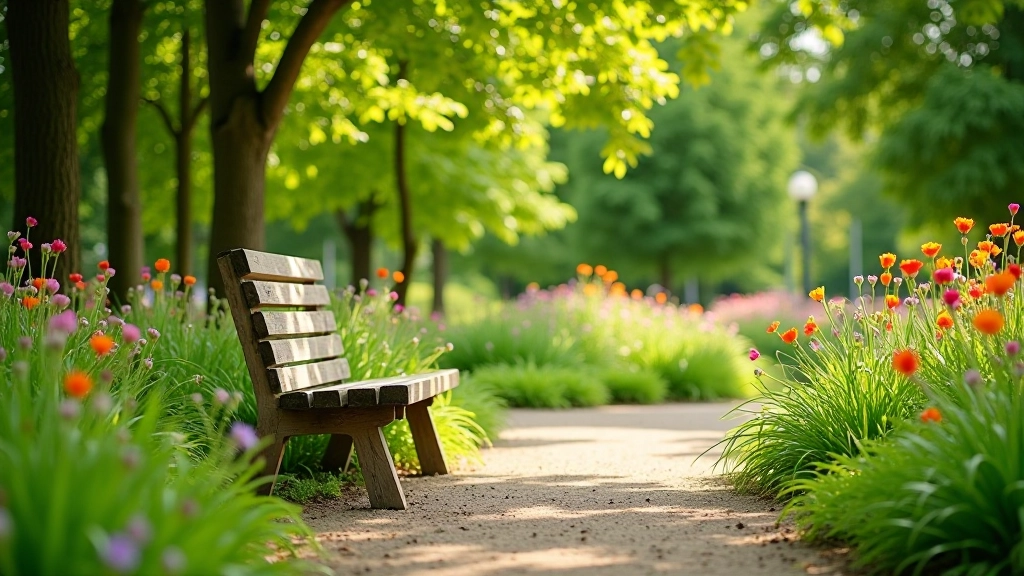Peaceful garden bench nestled among flowers and trees offering a resting spot in botanical garden
