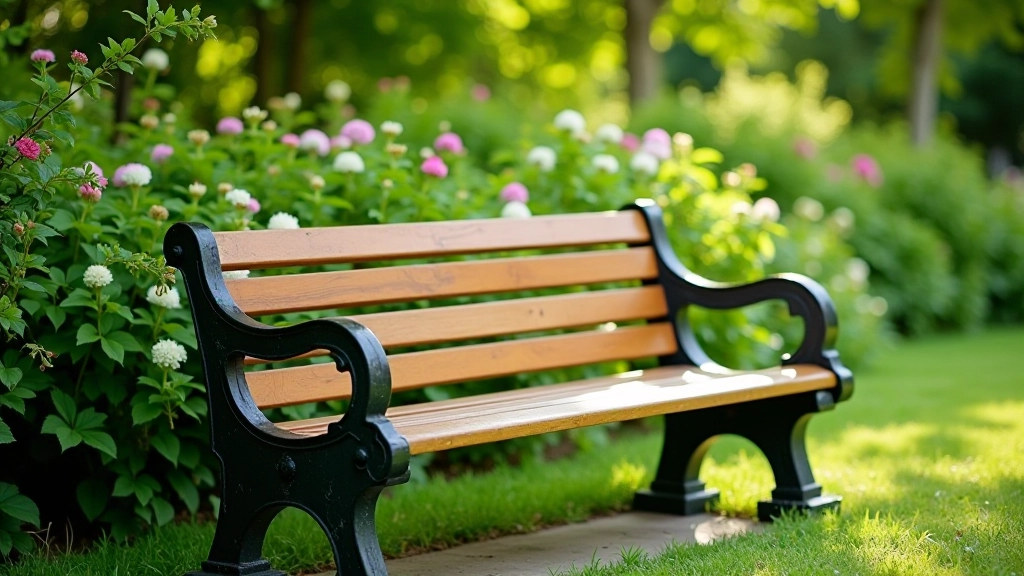 Inviting garden bench with armrests situated in shaded area with surrounding flowering plants and trees